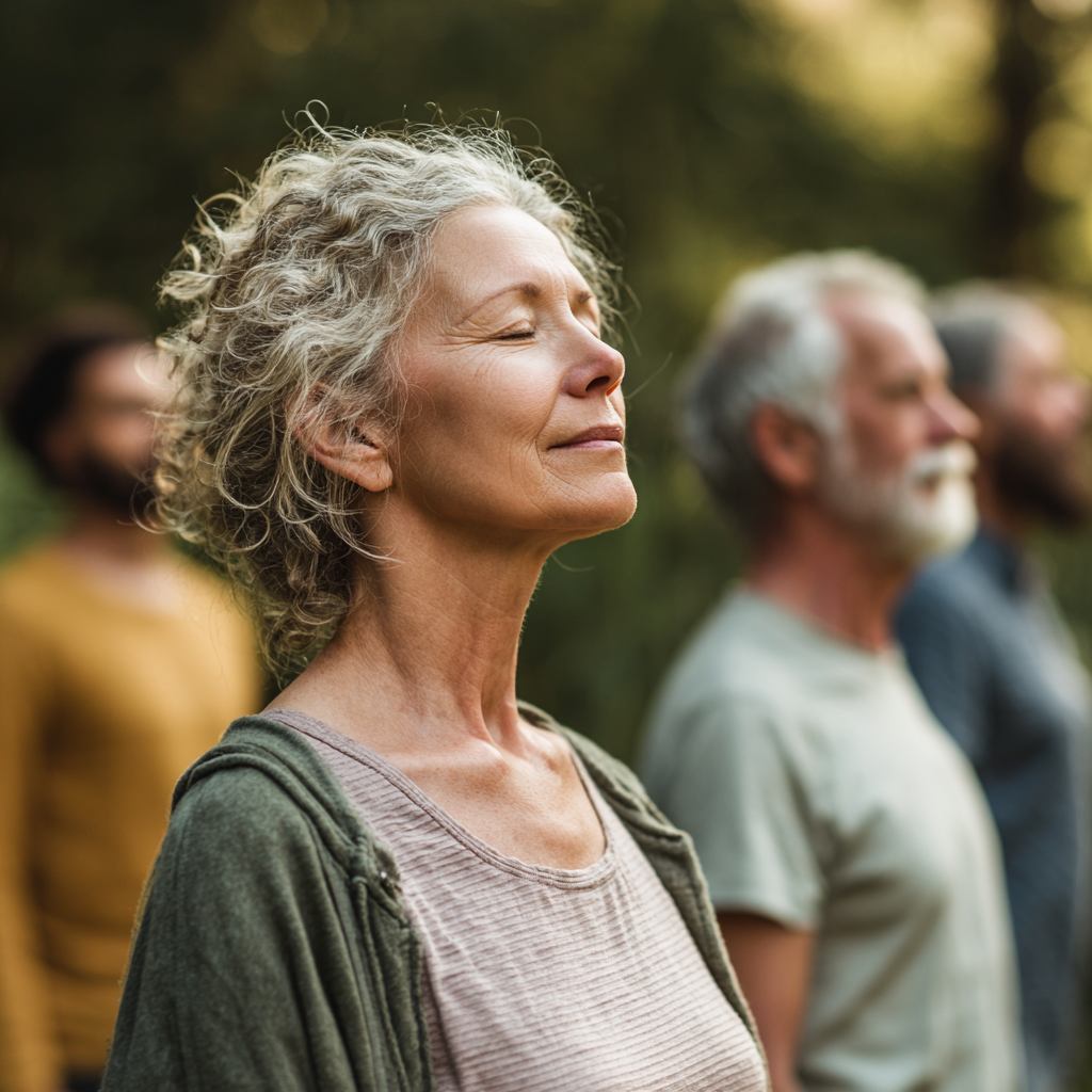 Middle-aged adults practicing mindful movement exercises in natural outdoor setting