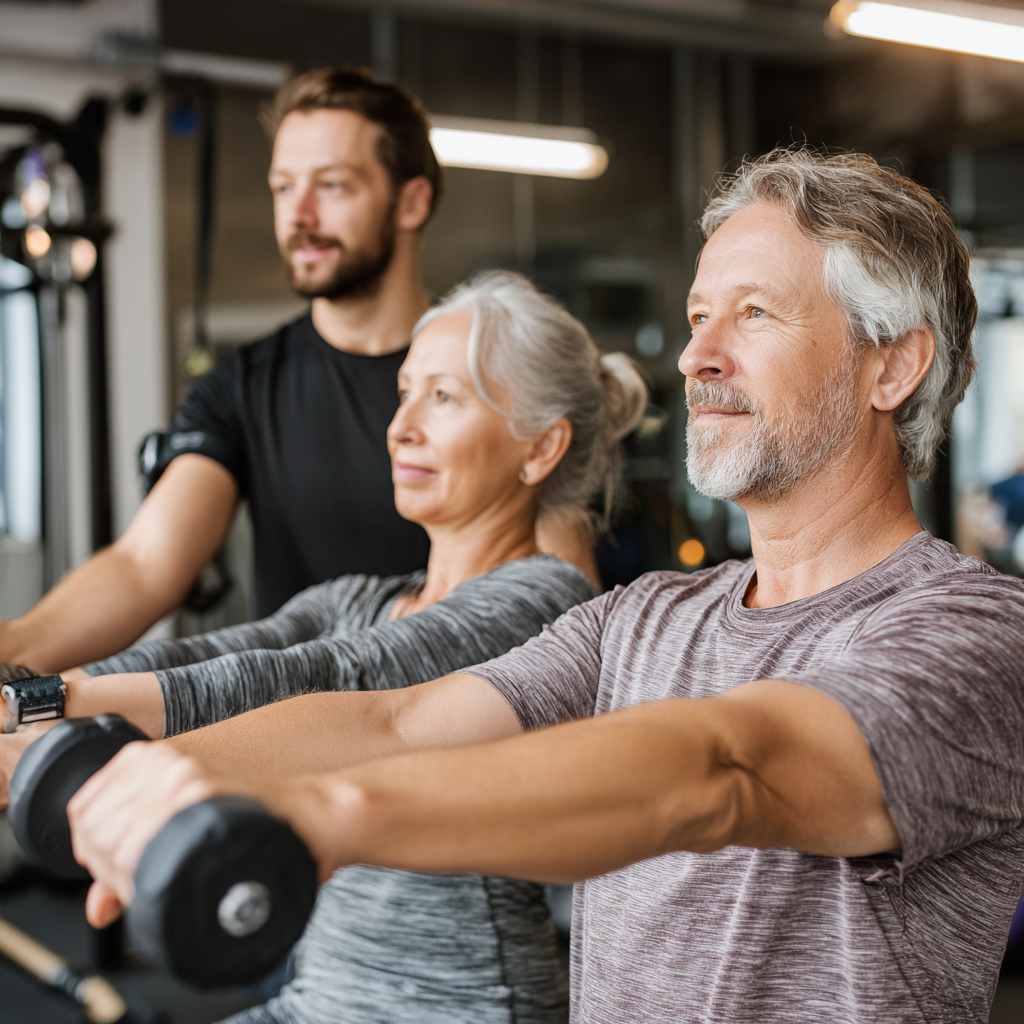 Older adults working with personal fitness trainer in comfortable indoor environment